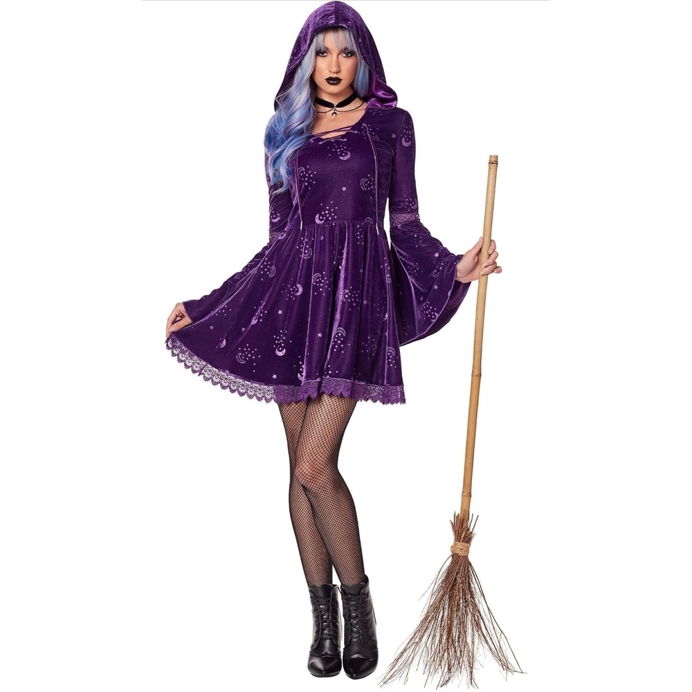 Spirit Halloween Adult Coven Witch Hooded Dress Costume Celestial Purple XL